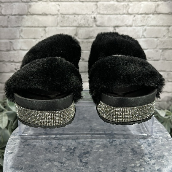Bamboo Black 2-Band Furry Slipper Shoes with Crystal Embellished Soles WMS 9M - Picture 4 of 10